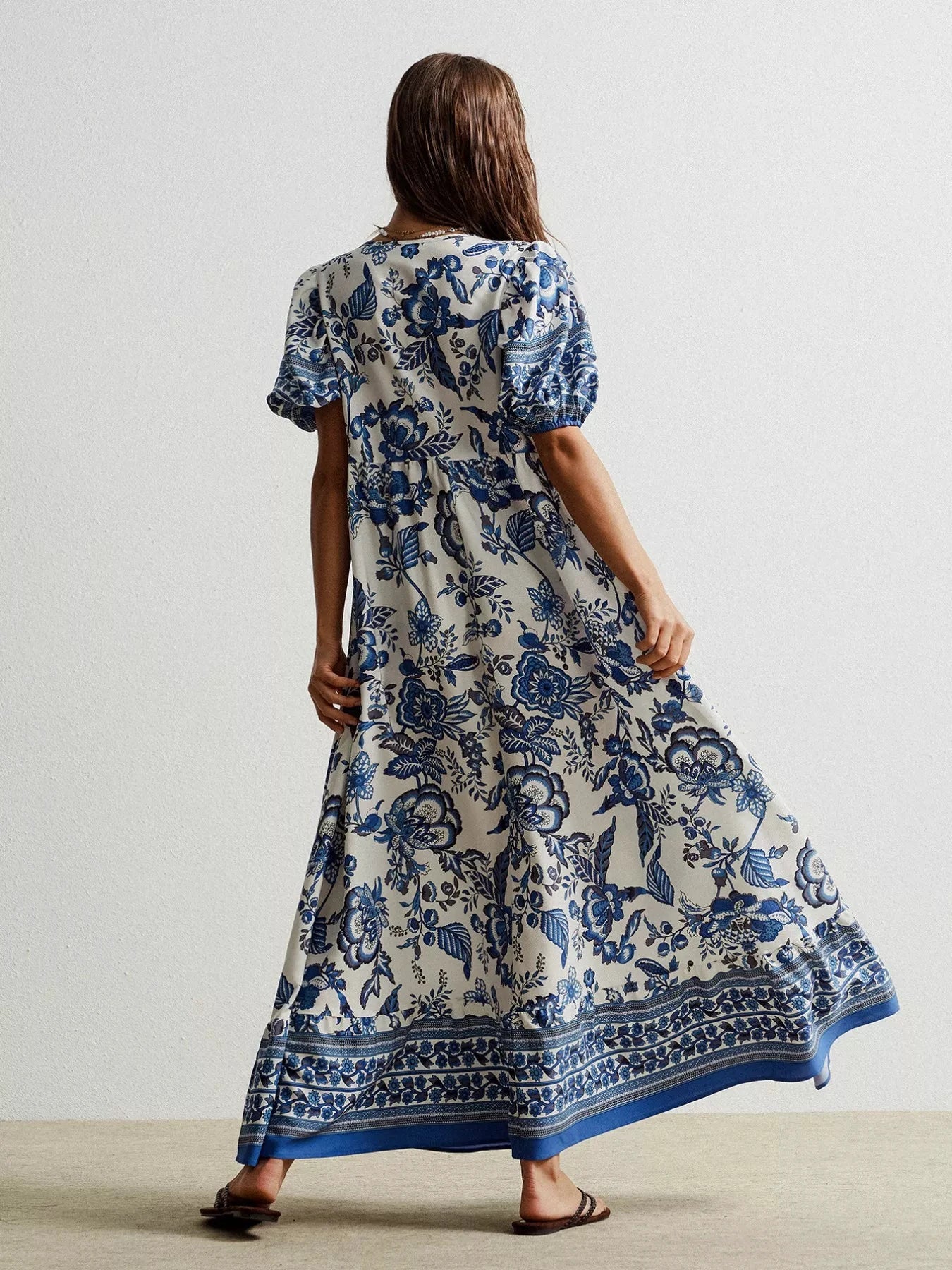 Floral Print Tie-Neck Puff Sleeve Maxi Dress by Trendsi