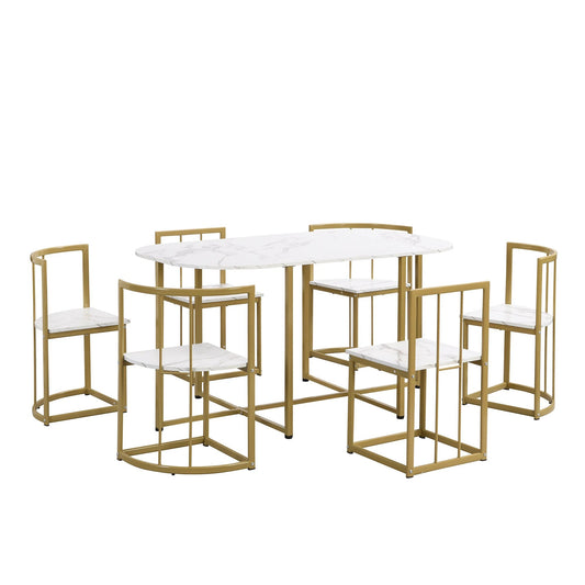 TOPMAX Modern 7-Piece Dining Table Set with Faux Marble Compact 55Inch Kitchen Table Set for 6 Golden+White by eprolo
