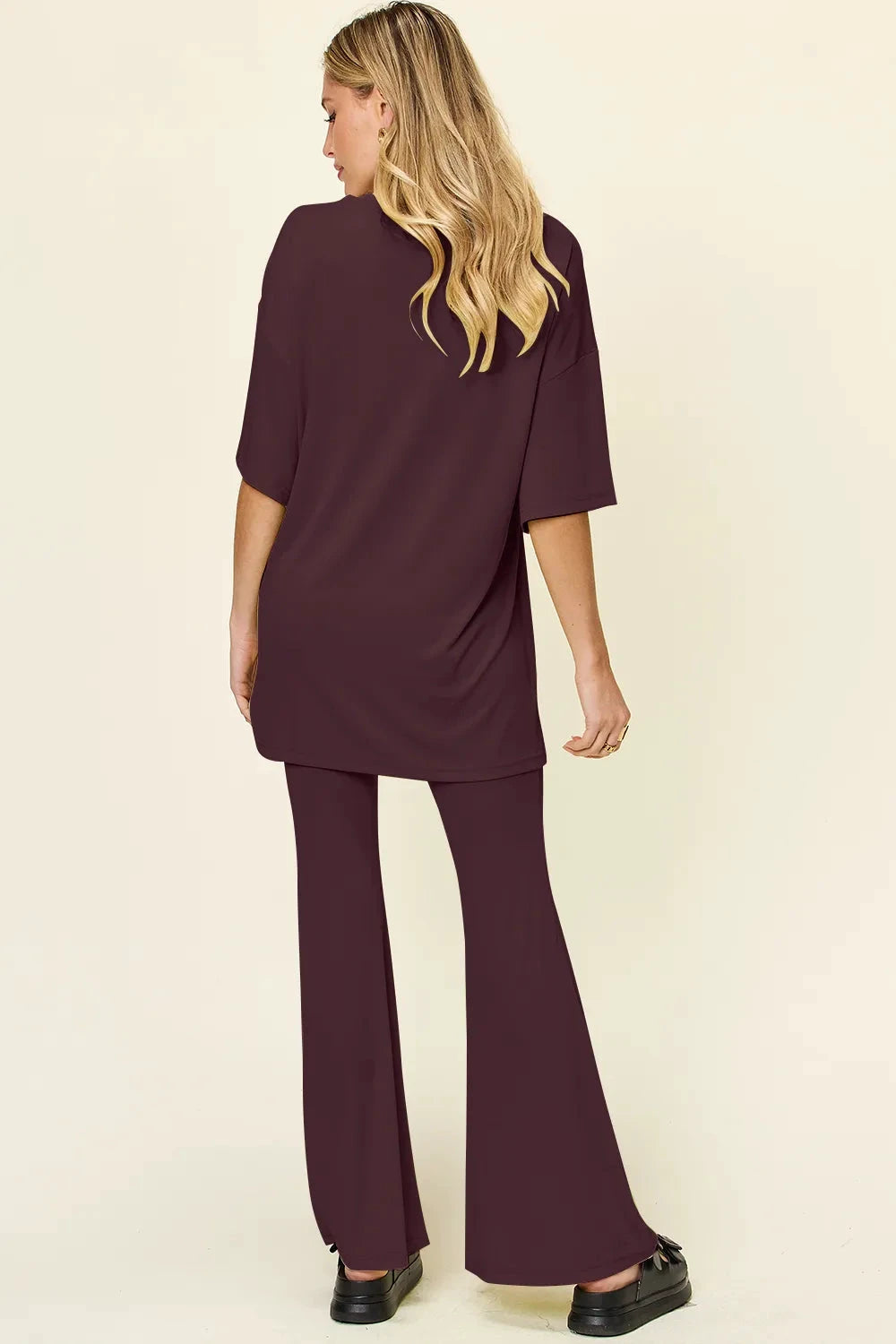 Double Take Full Size Round Neck Drop Shoulder T-Shirt and Flare Pants Set by Trendsi