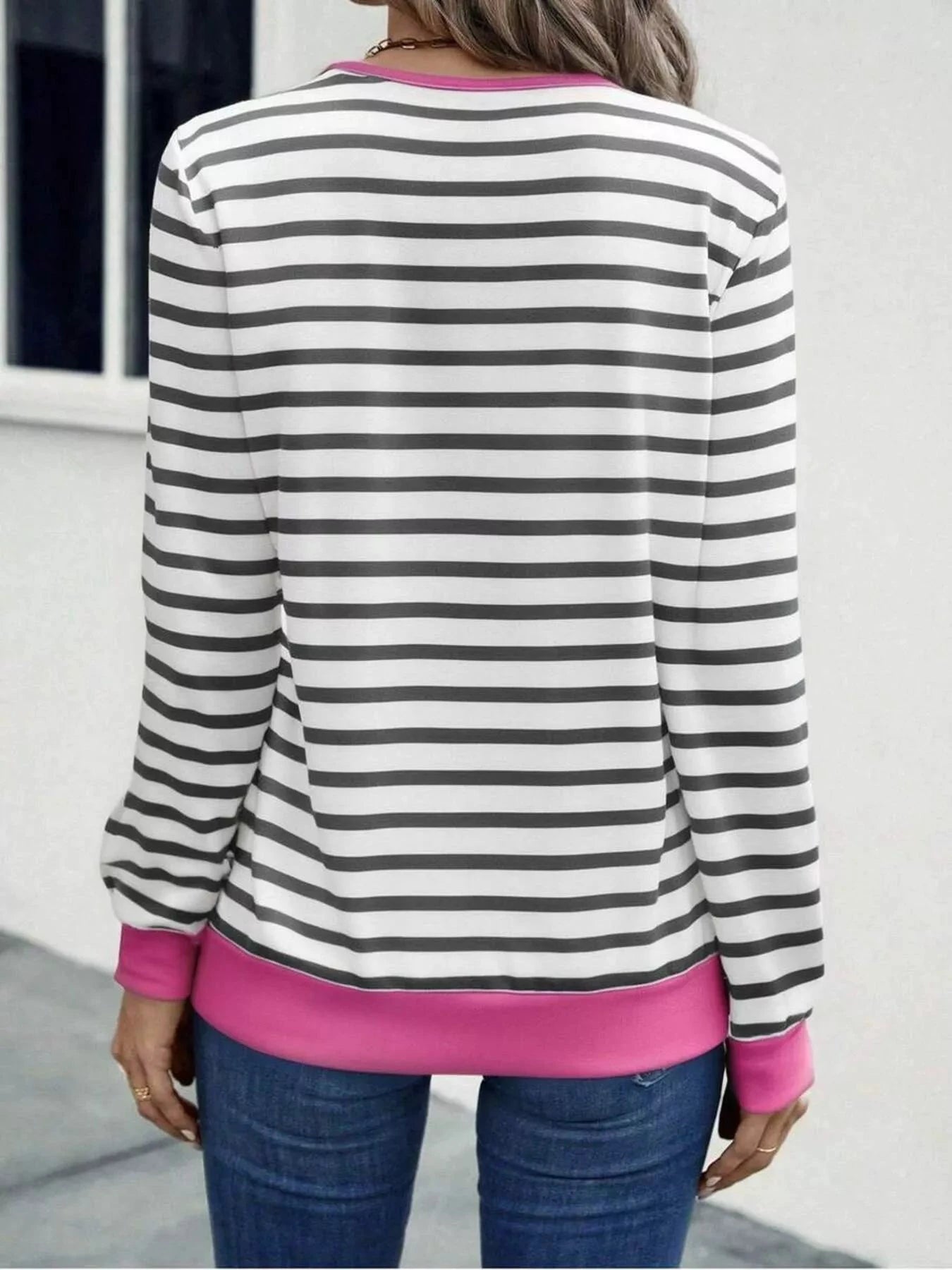 Striped V-Neck Long Sleeve T-Shirt by Trendsi