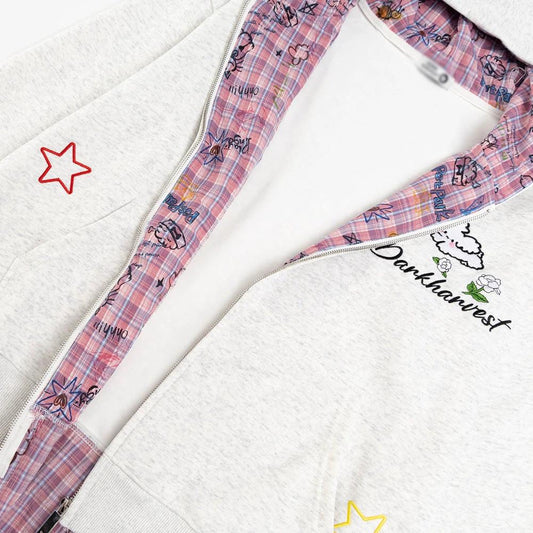 Fake two piece checkered patchwork hooded cardigan sweatshirt by eprolo