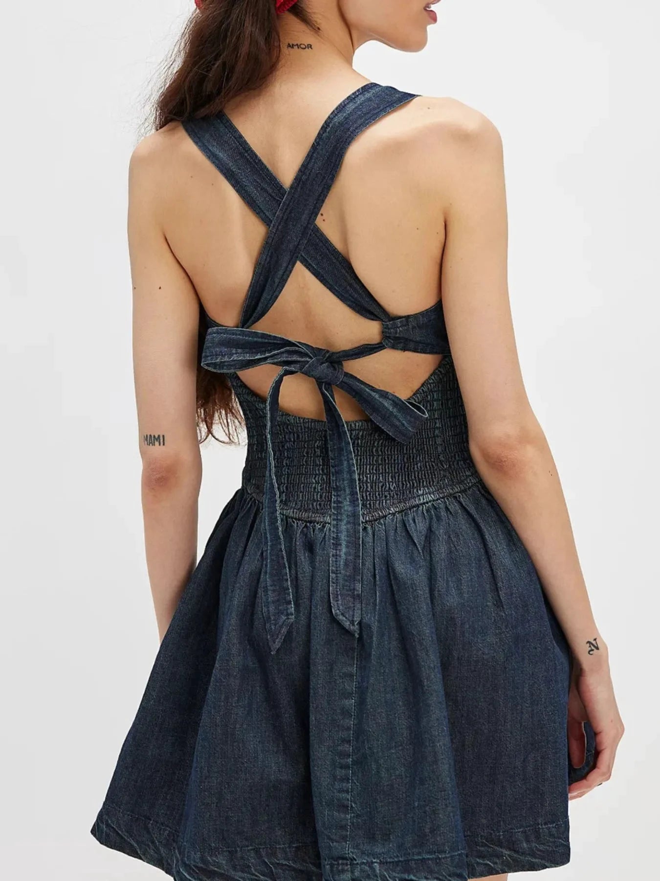 Smocked Crisscross Back Denim Mini Dress by Trendsi