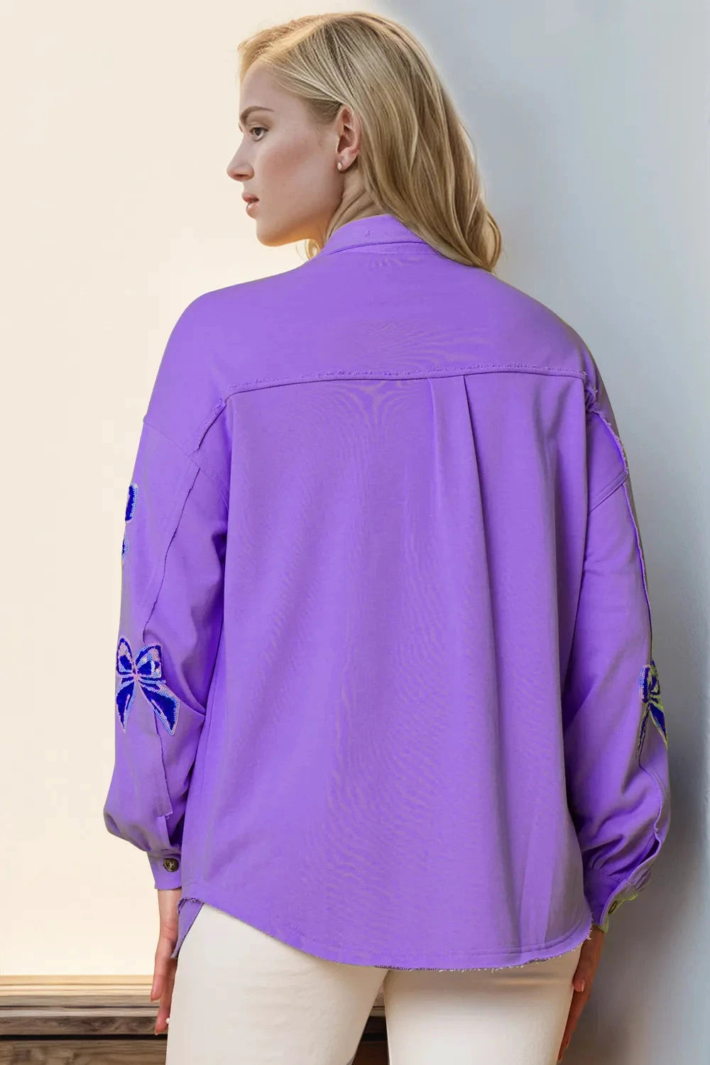 Double Take Full Size Sequin Bow Button Up Shacket by Trendsi