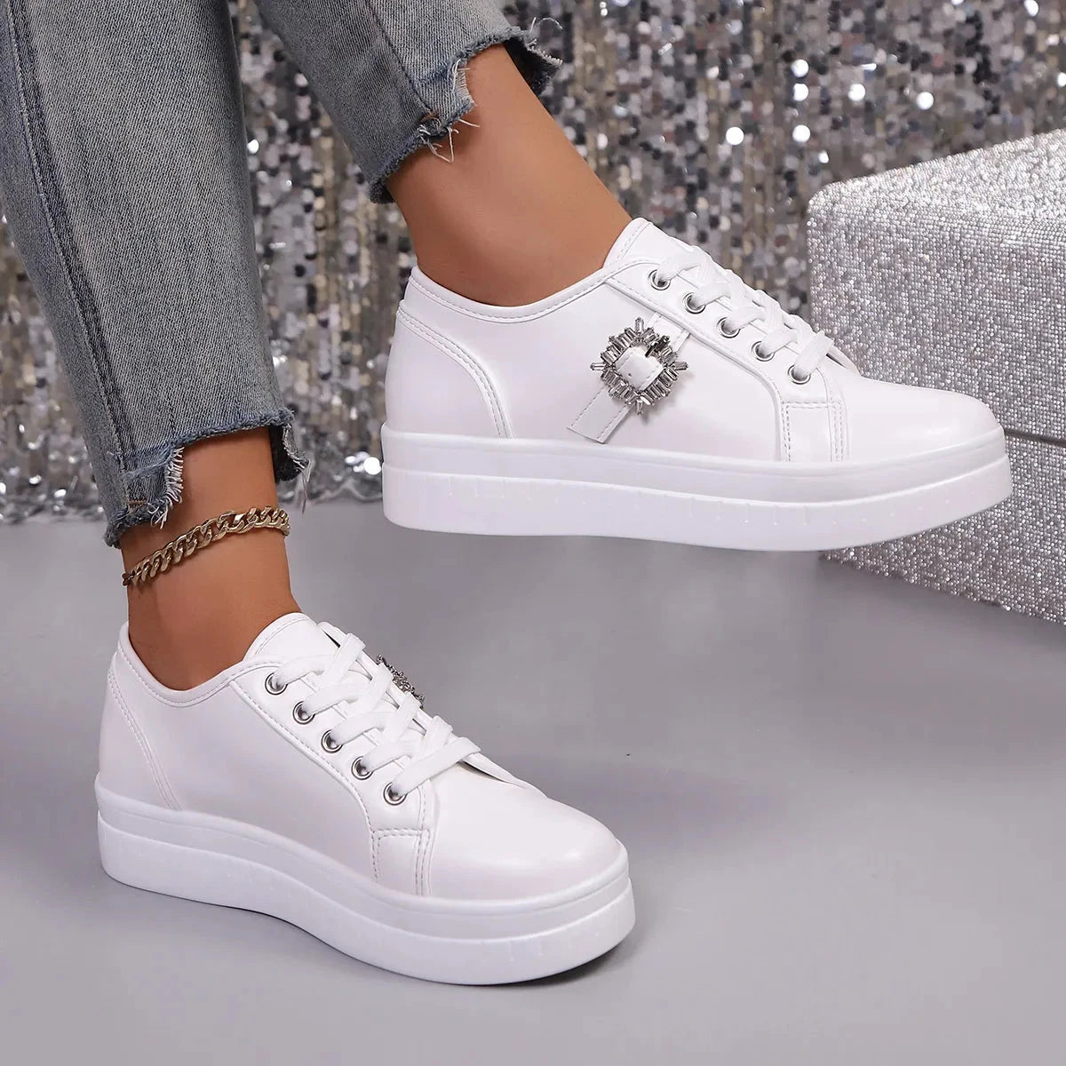 Rhinestone Embellishment Platform Sneakers by Trendsi