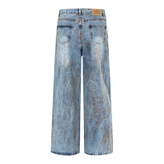 Washed Denim Pants with Dirty Fit, Oversized Straight Leg