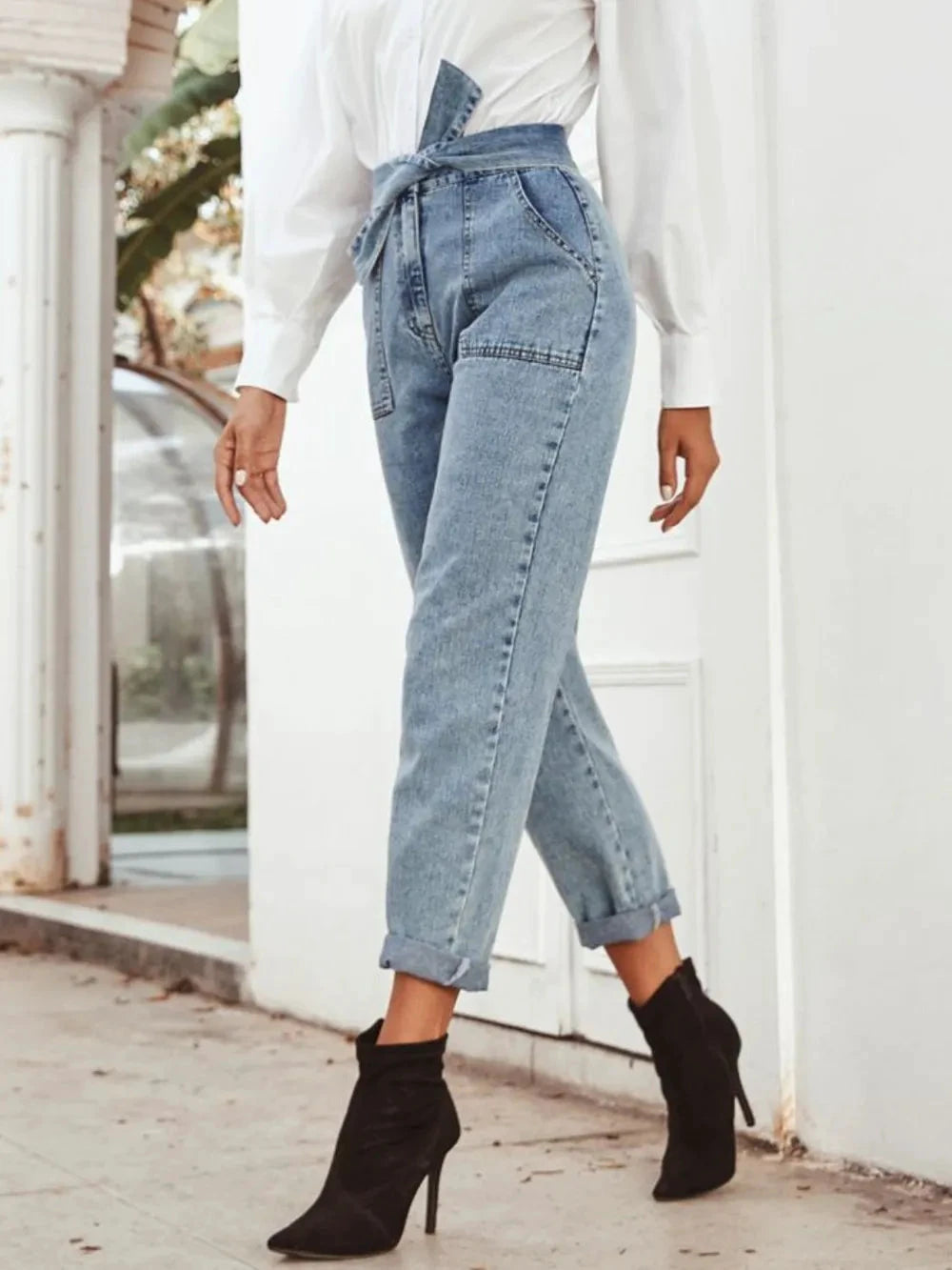 Tied Straight Leg Jeans with Pockets by Trendsi