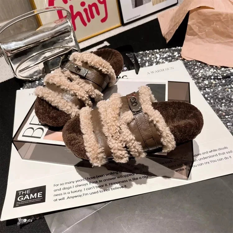 Fuzzy Buckle Accent Plush Slippers by Trendsi