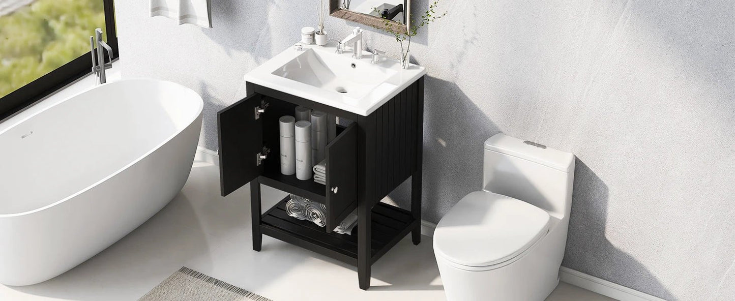 24" Black Modern Sleek Bathroom Vanity Elegant Ceramic Sink with Solid Wood Frame Open Style Shelf by eprolo