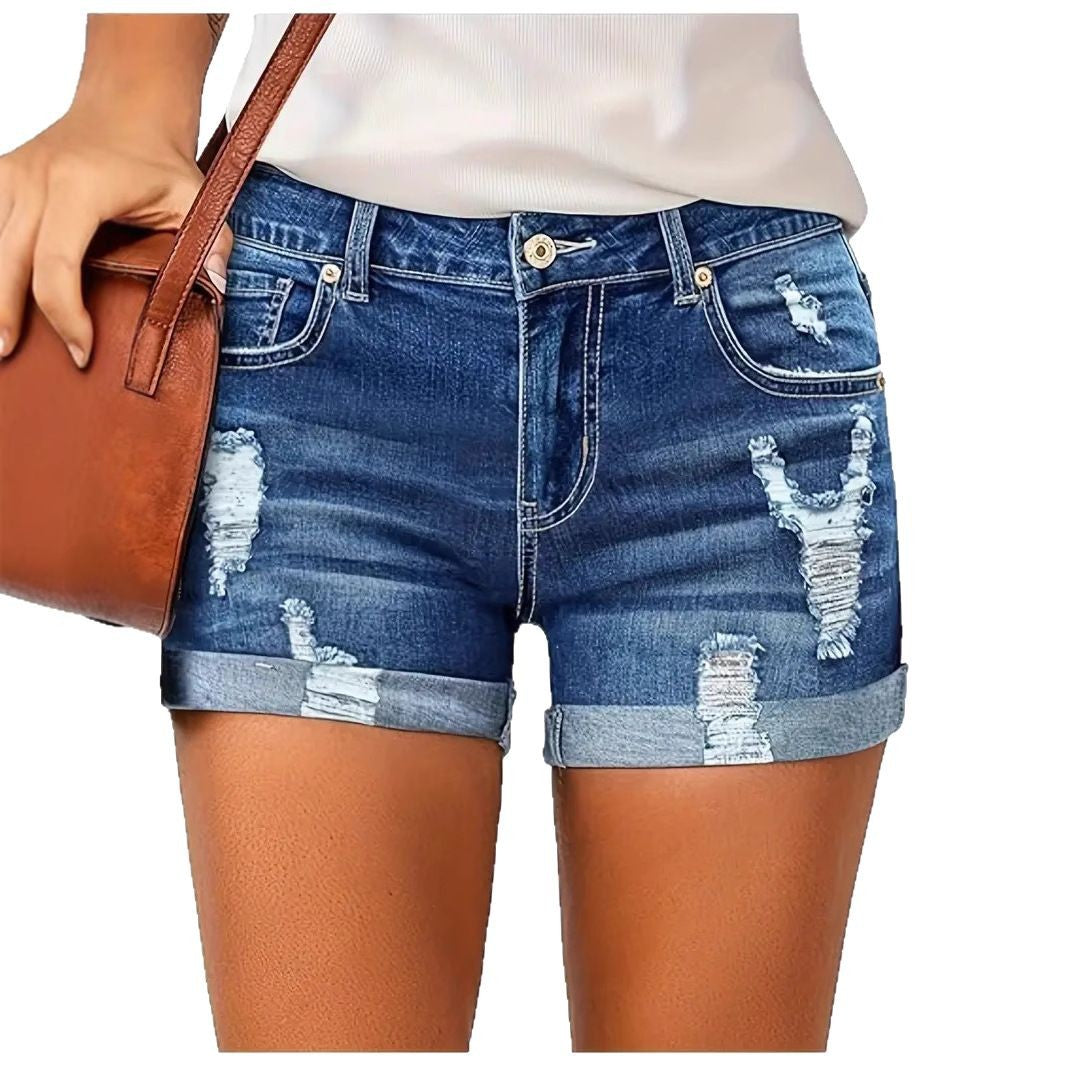 Elastic Hole Denim Shorts for Women, Casual High Waist Denim Shorts