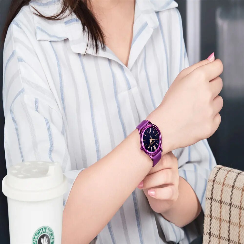 Montre-bracelet minimaliste pour femme, motif ciel étoilé, à quartz, chiffres romains et boucle magnétique