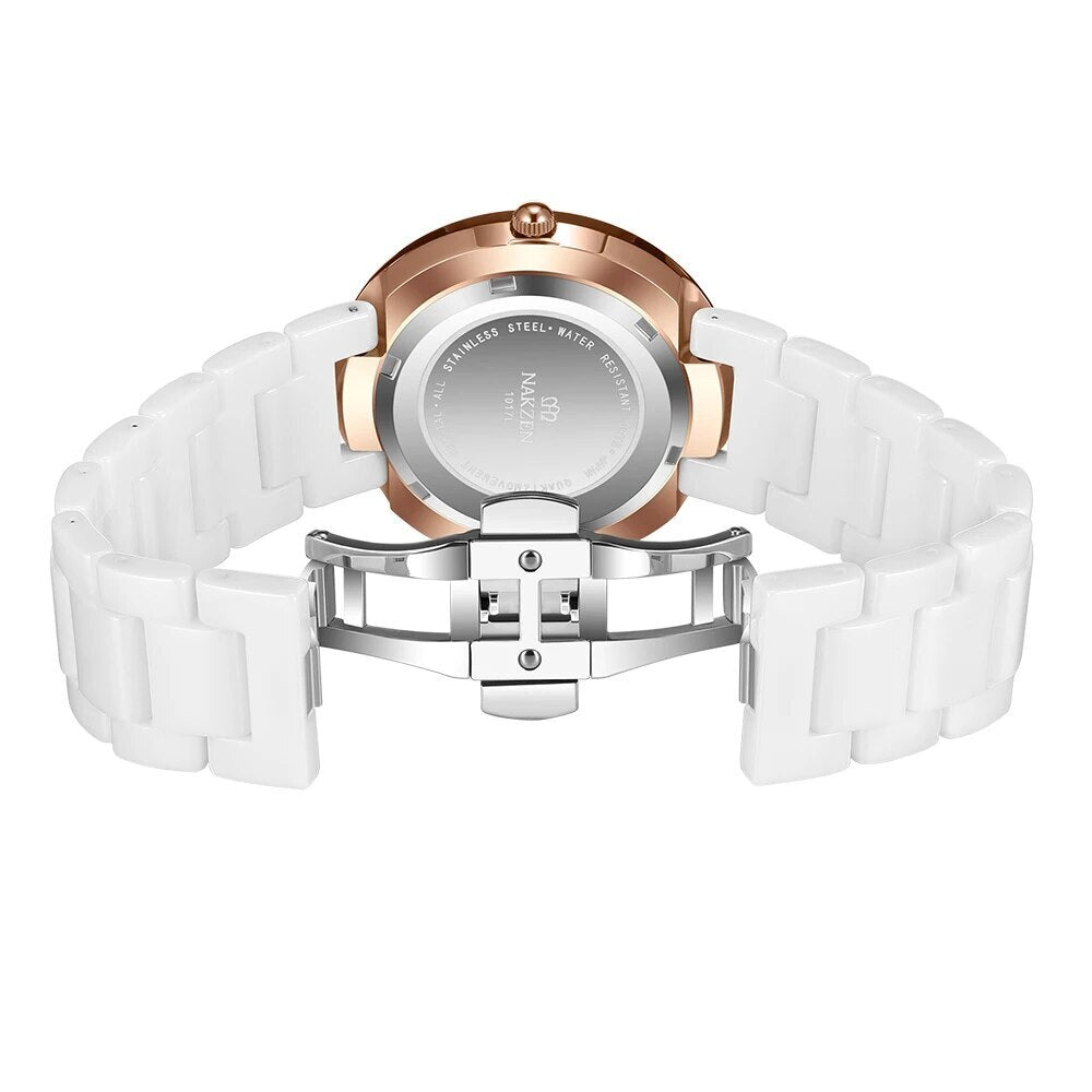 NAKZEN Women's Quartz Watch 30M Waterproof Fashion Ceramic Analogue Dress Diamond Realogio Feminino