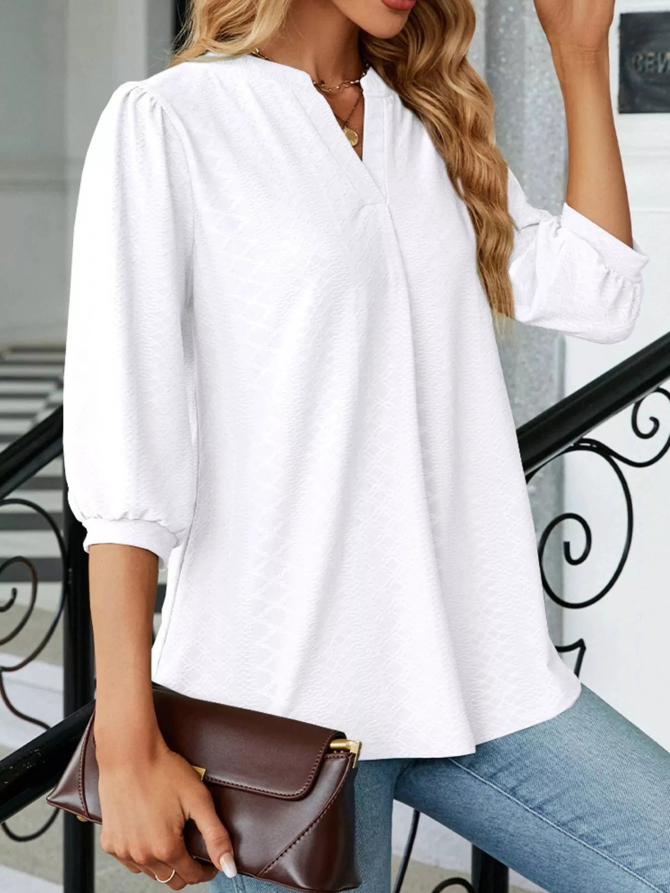 Notched 3/4 Sleeve Casual Top by Trendsi