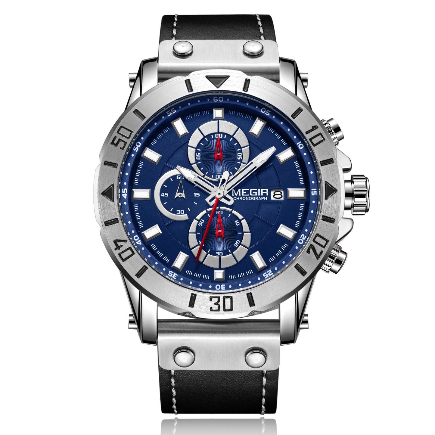 Waterproof Men's Quartz Chronograph Leather Watch with Luminous Calendar 48mm Analog Military Style