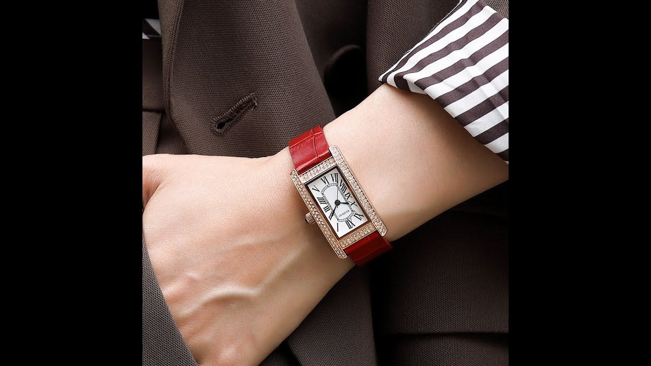 Montre-bracelet de luxe à quartz carrée pour femme RUIMAS, en cuir or rose.