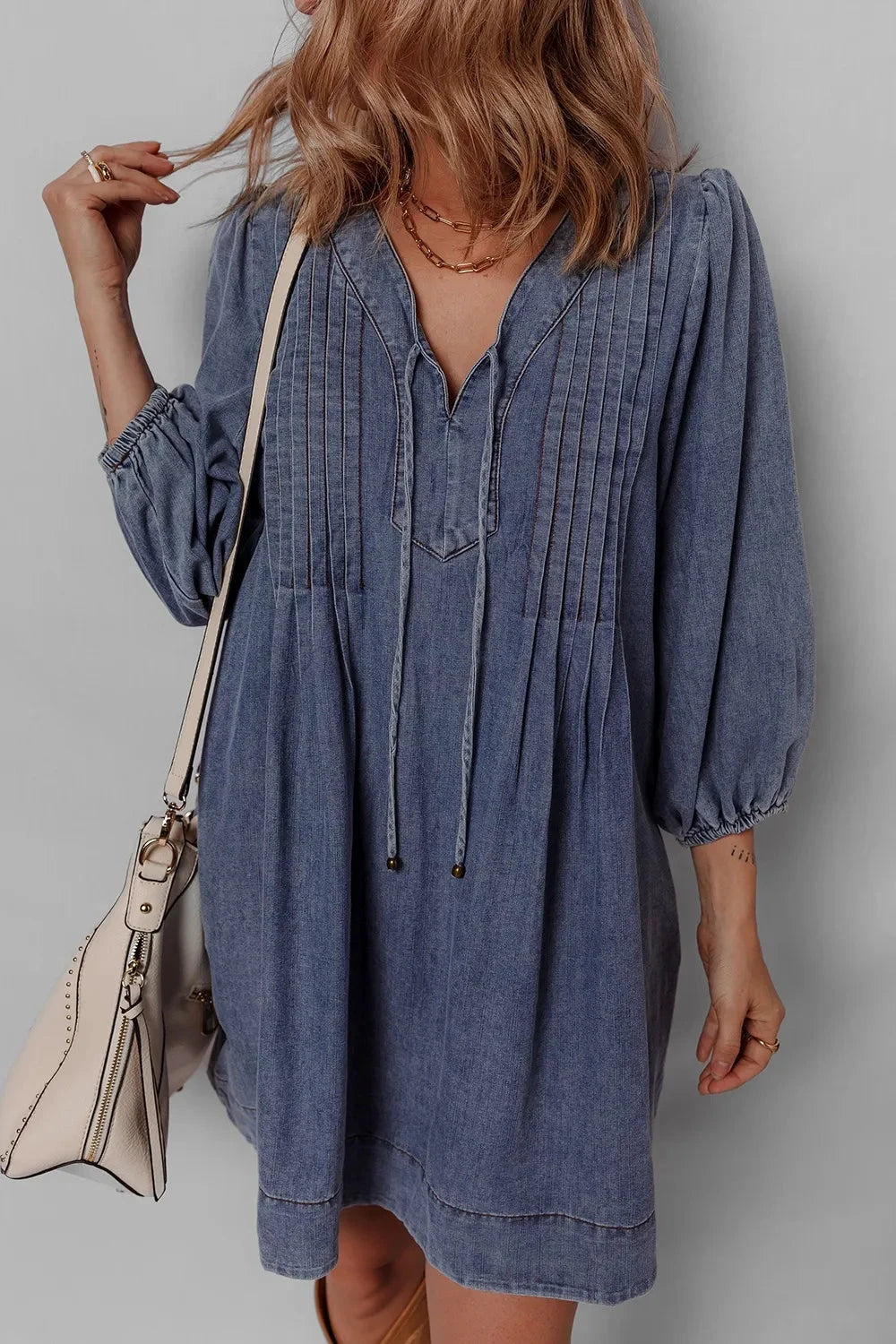 Tie Neck Long Sleeve Mini Denim Dress by Trendsi