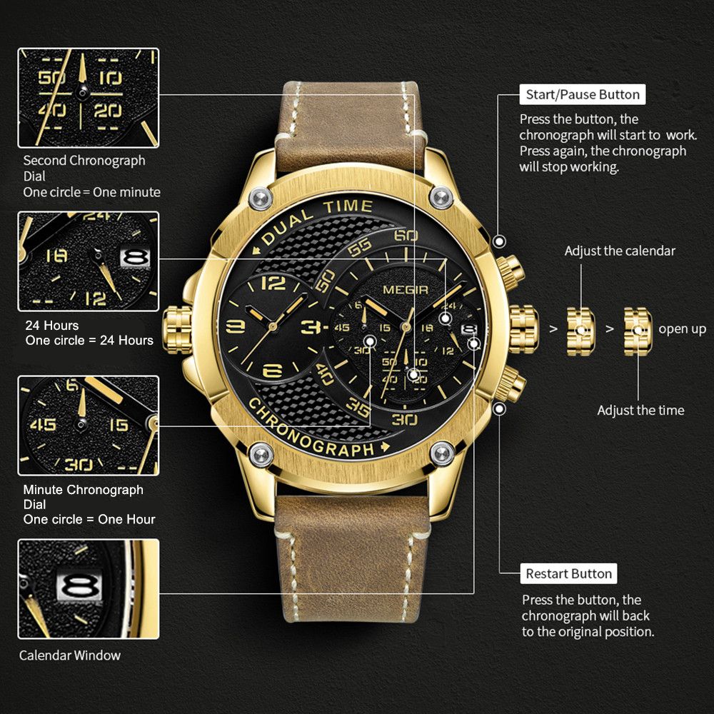 Luxury Men's Watches MEGIR Chronograph Quartz Leather Band