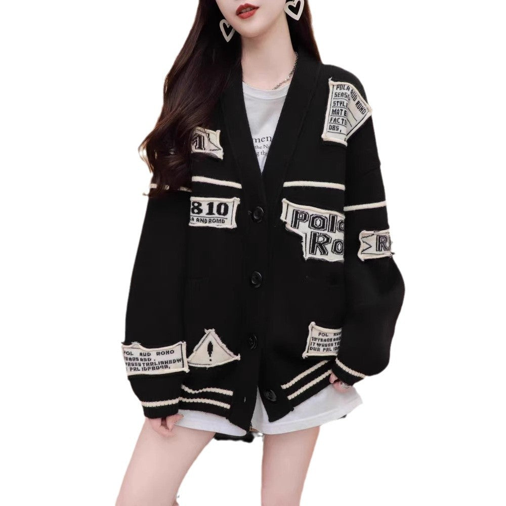 Retro Letter Patch Knit Cardigan for Women, Unique Casual V-Neck Sweater Coat