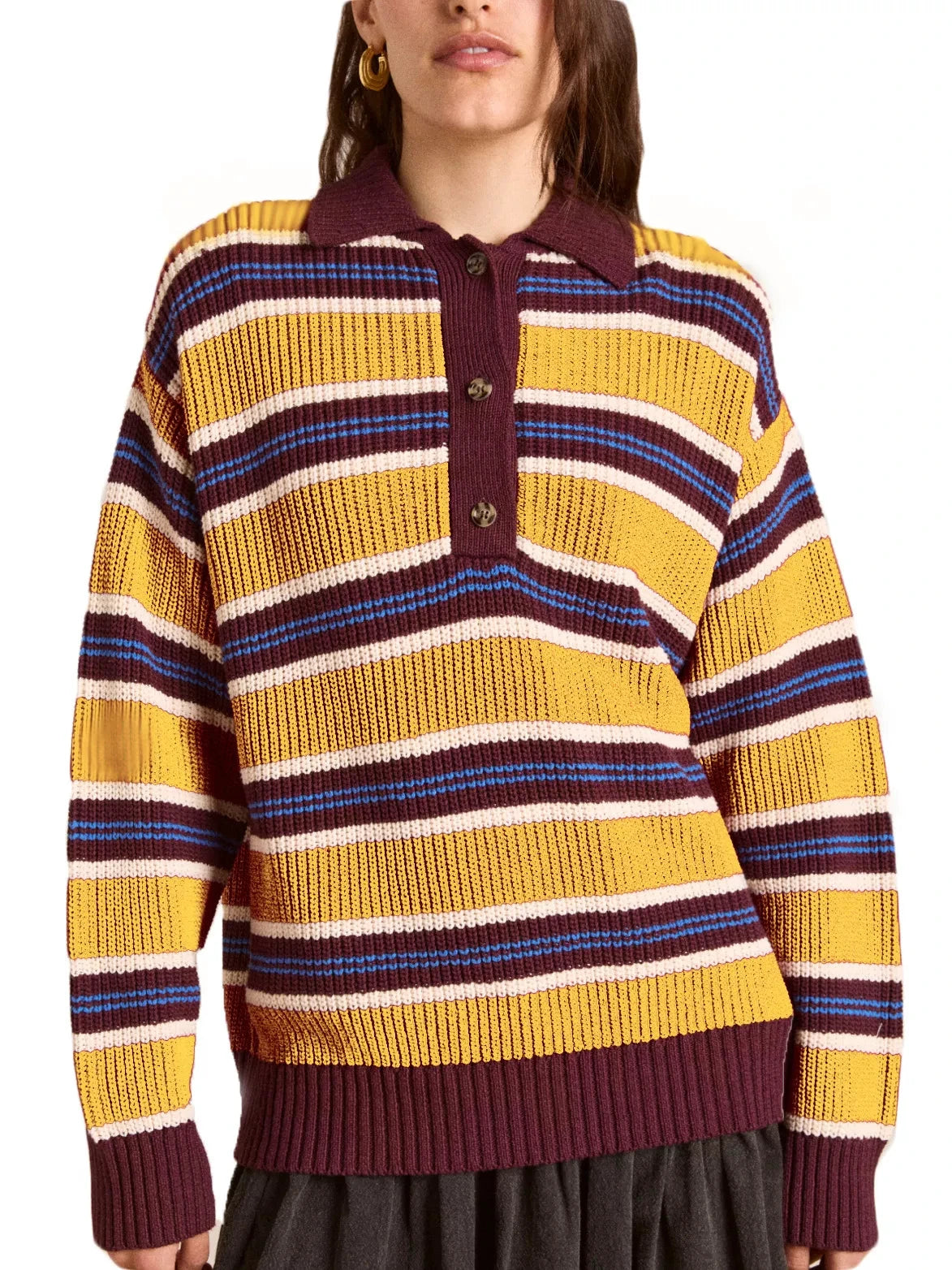 Striped Button Detail Polo Collar Sweater by Trendsi