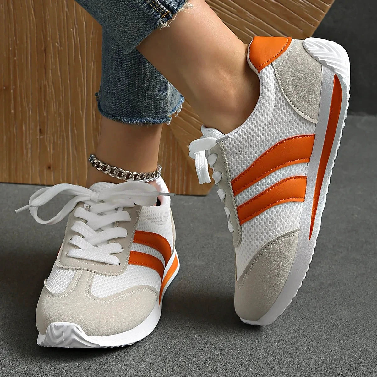 Striped Contrast Mesh Lace Up Sneakers by Trendsi