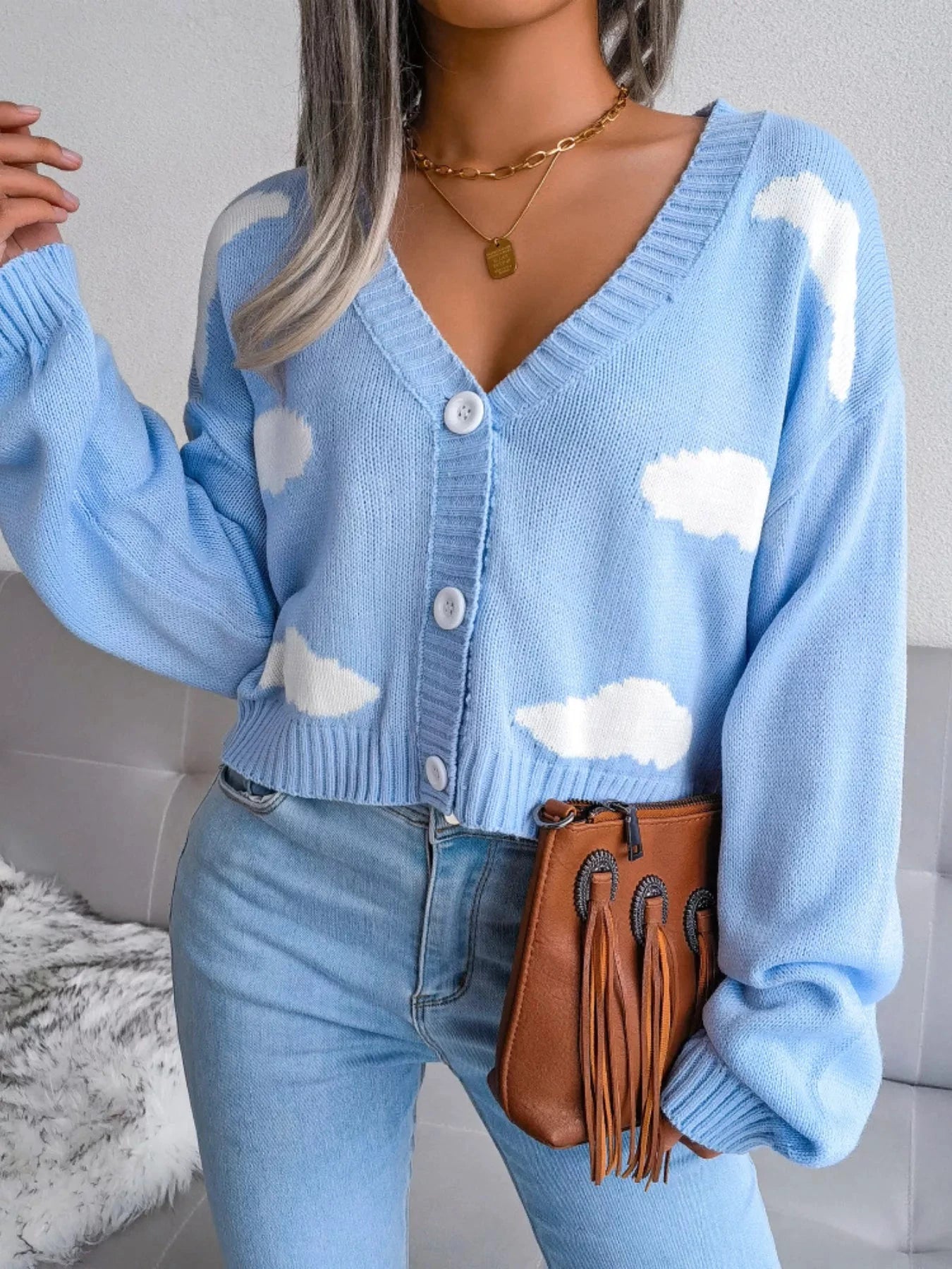 Cloud Pattern Button-Up Cropped Cardigan by Trendsi