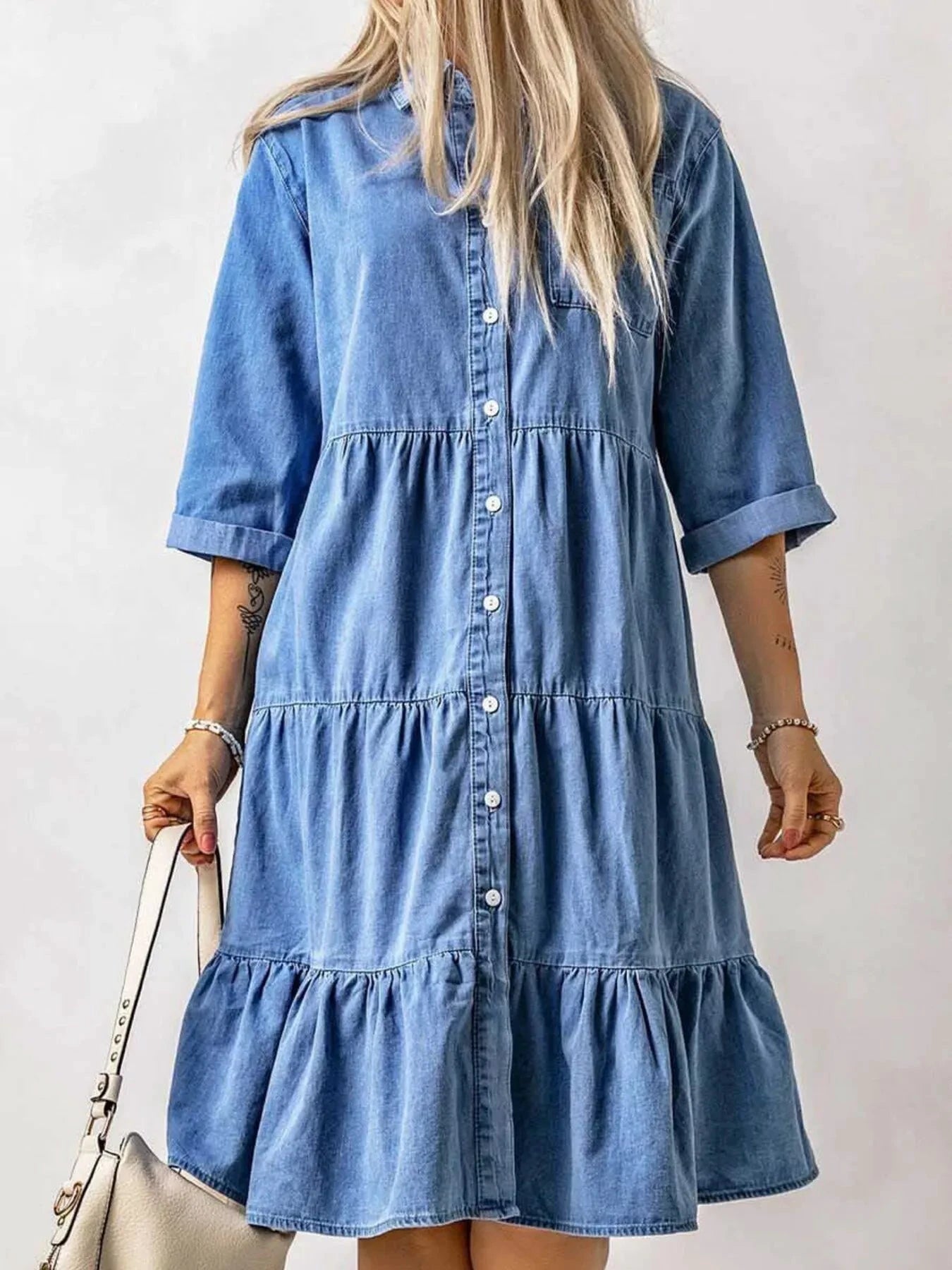 Full Size Ruffled Hem Button Up Denim Midi Dress Plus Size by Trendsi