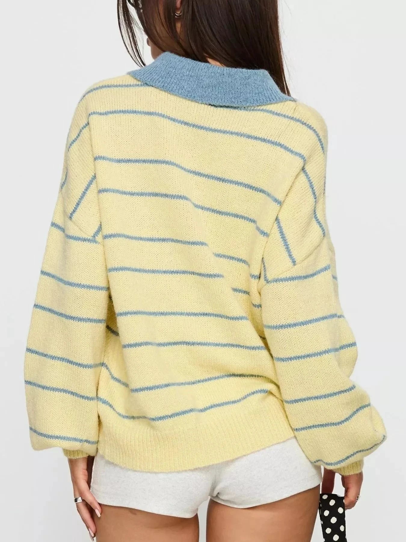 Striped Polo Collar Long Sleeve Sweater by Trendsi