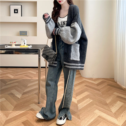 Knitted Cardigan Women Stitched Loose Lazy V-neck Casual Sweater Thick