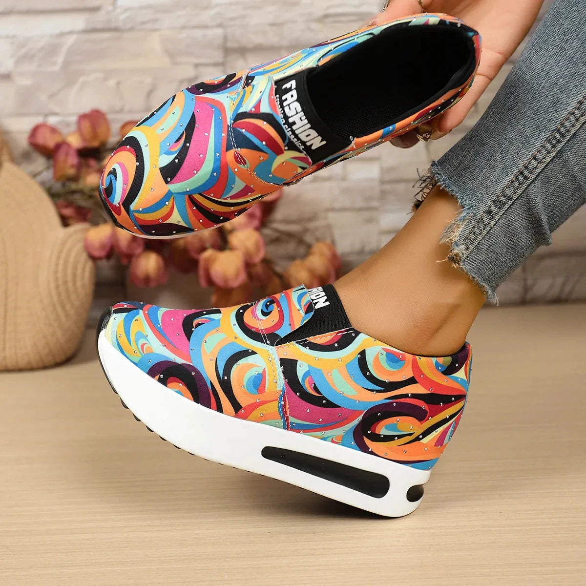 Colorful Abstract Pattern Platform Sneakers by Trendsi