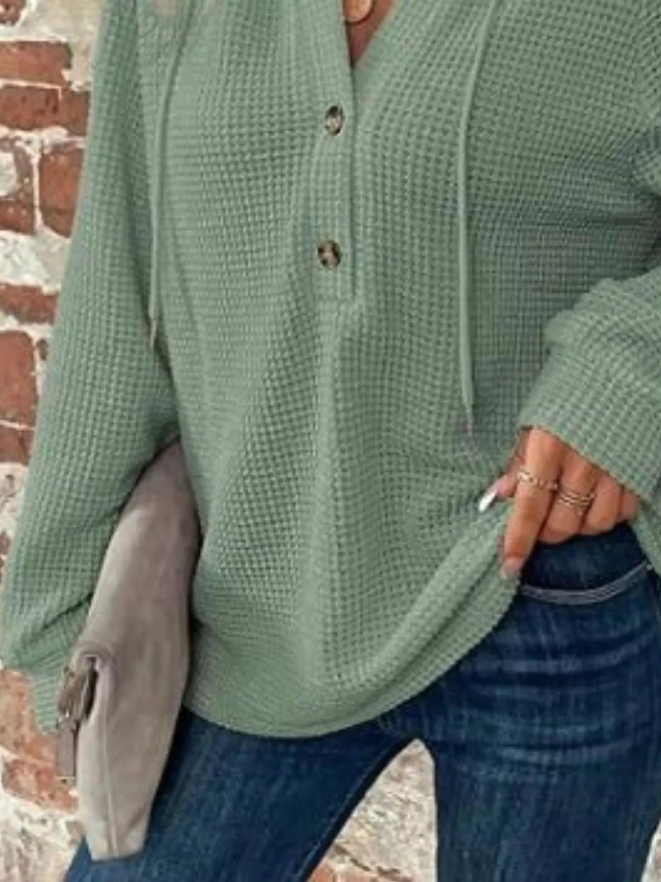 Waffle Knit Button Detail Hoodie by Trendsi