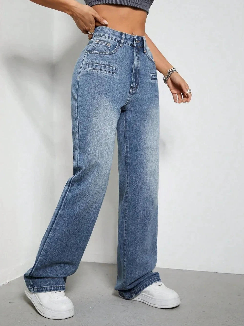 High Rise Wide Leg Jeans with Pockets by Trendsi