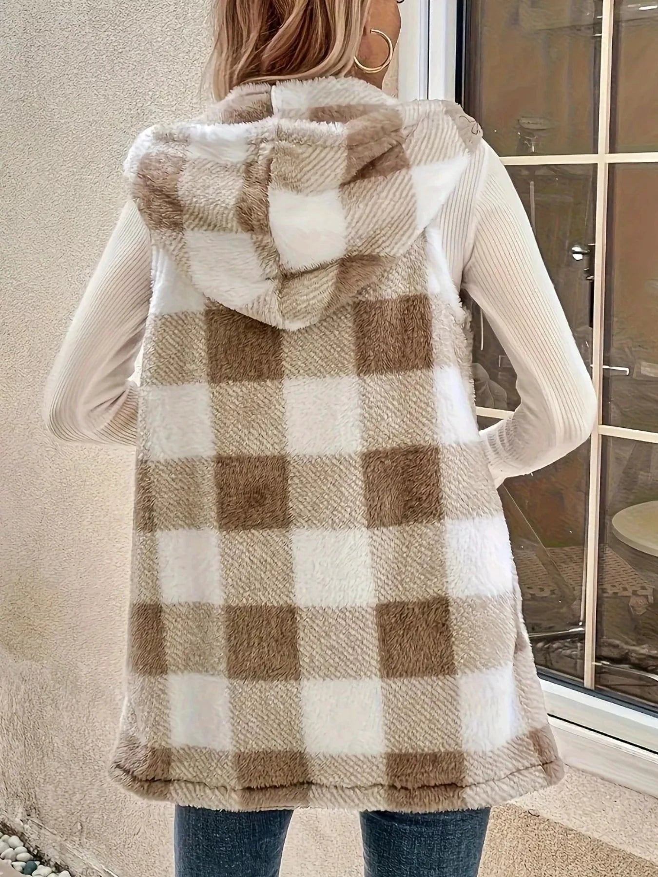 Hooded Plaid Sherpa Vest Coat by Trendsi