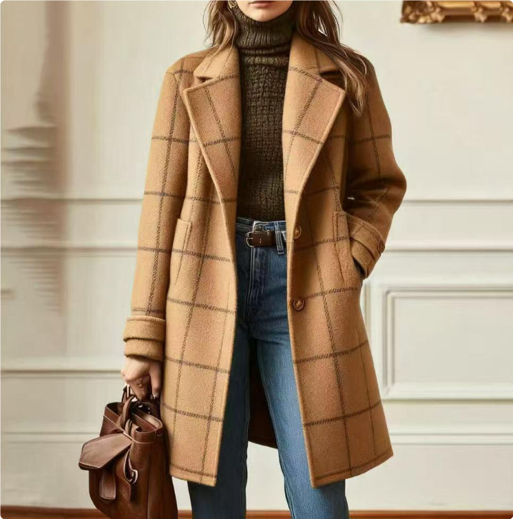 Plaid Mid-length Lapel Large Size Jacket