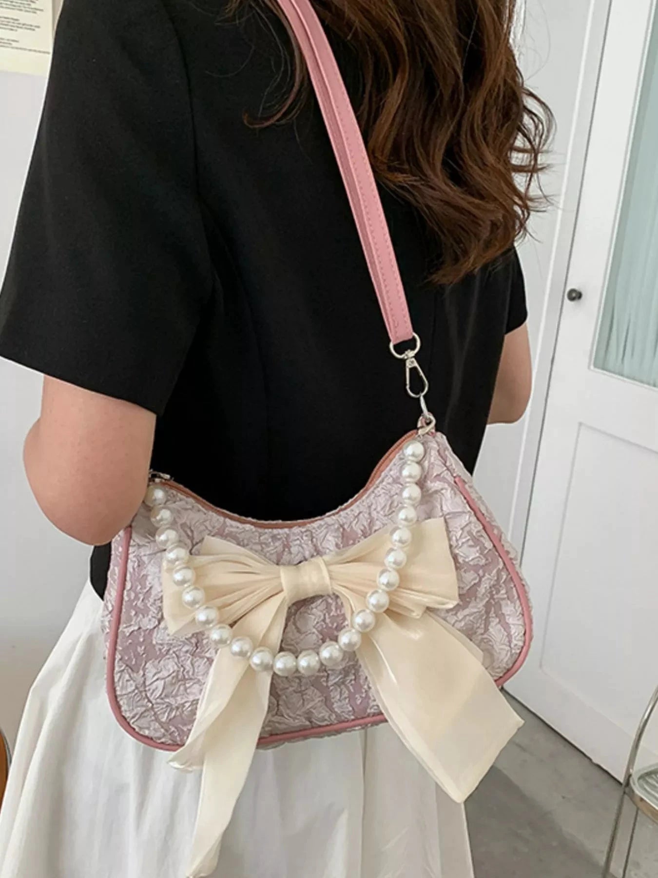 Bow Pearl Chain Crossbody Bag by Trendsi