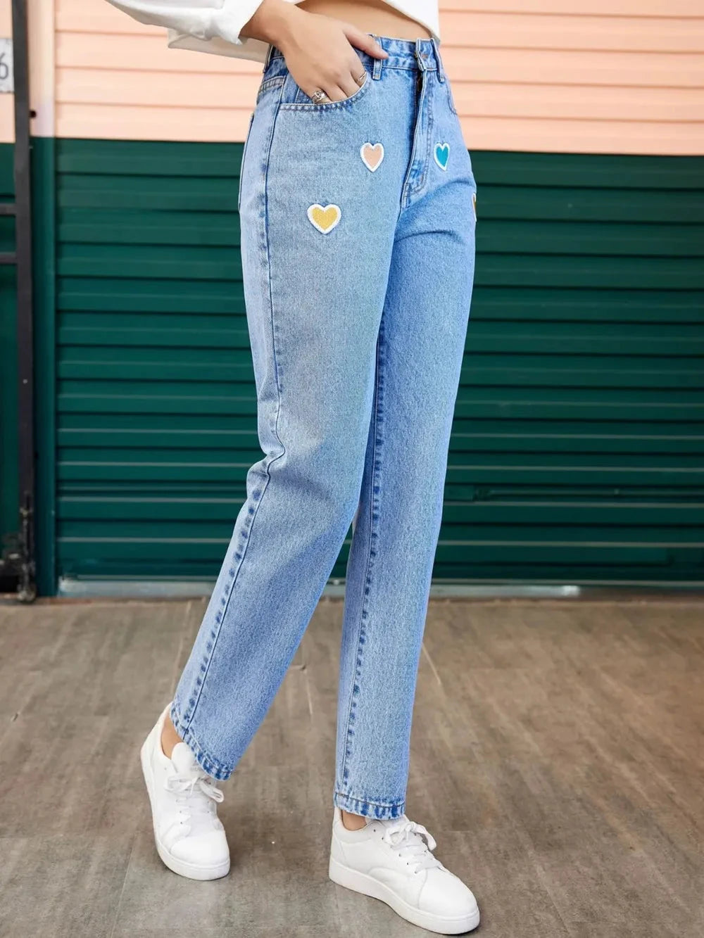 Heart Straight Leg Jeans with Pockets by Trendsi