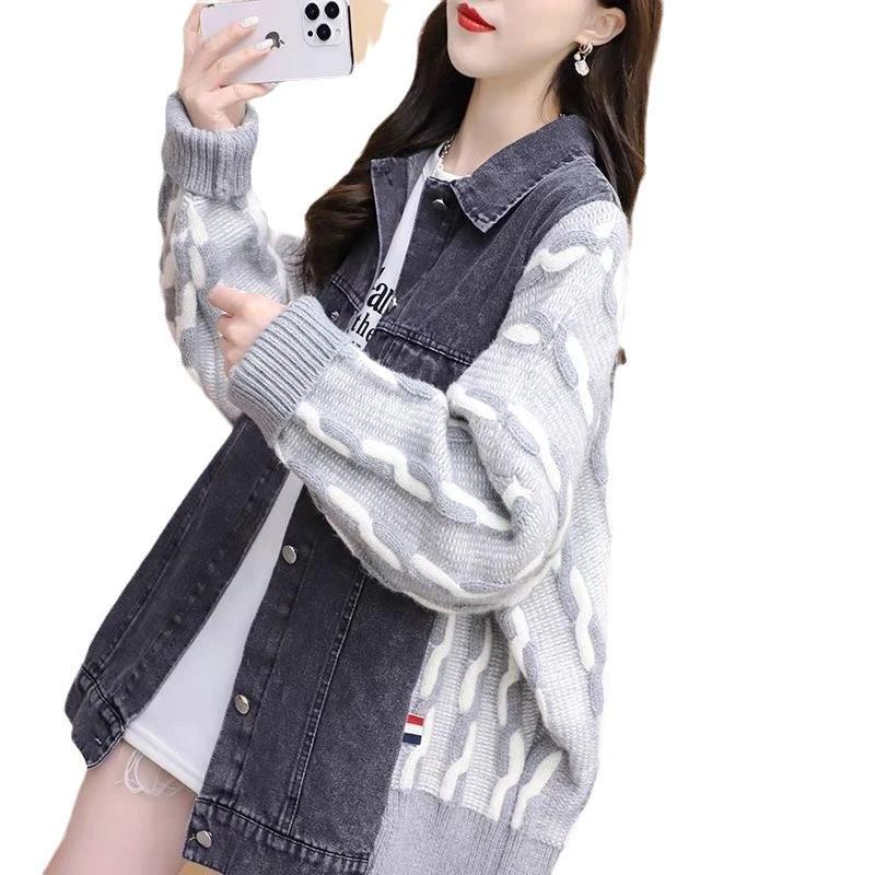 Chic Denim Patchwork Knit Cardigan for Women, Loose Thickened Knitted Casual Style Outerwear by eprolo