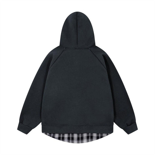 Fake two piece spliced checkered hooded cardigan sweatshirt by eprolo