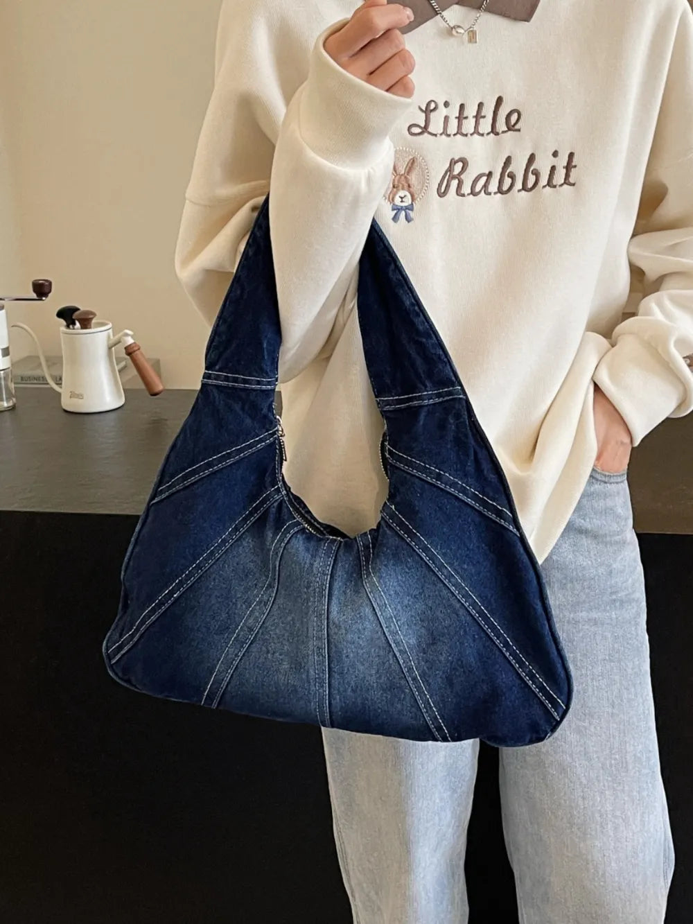 Crescent Shaped Denim Shoulder Bag