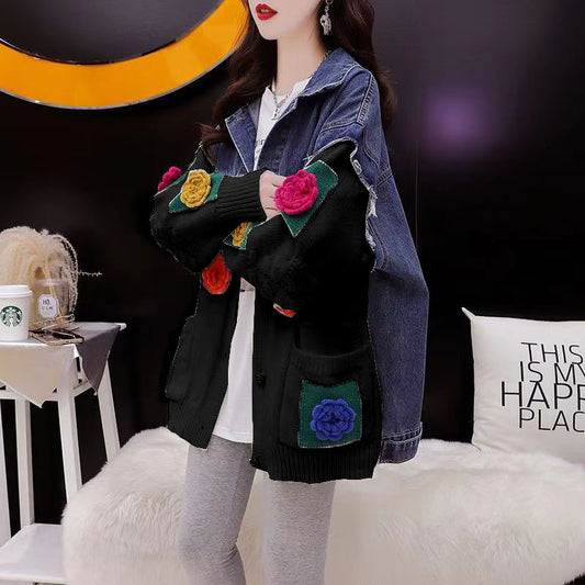 Relaxed Korean-Style Patchwork Denim Knit Cardigan for Women