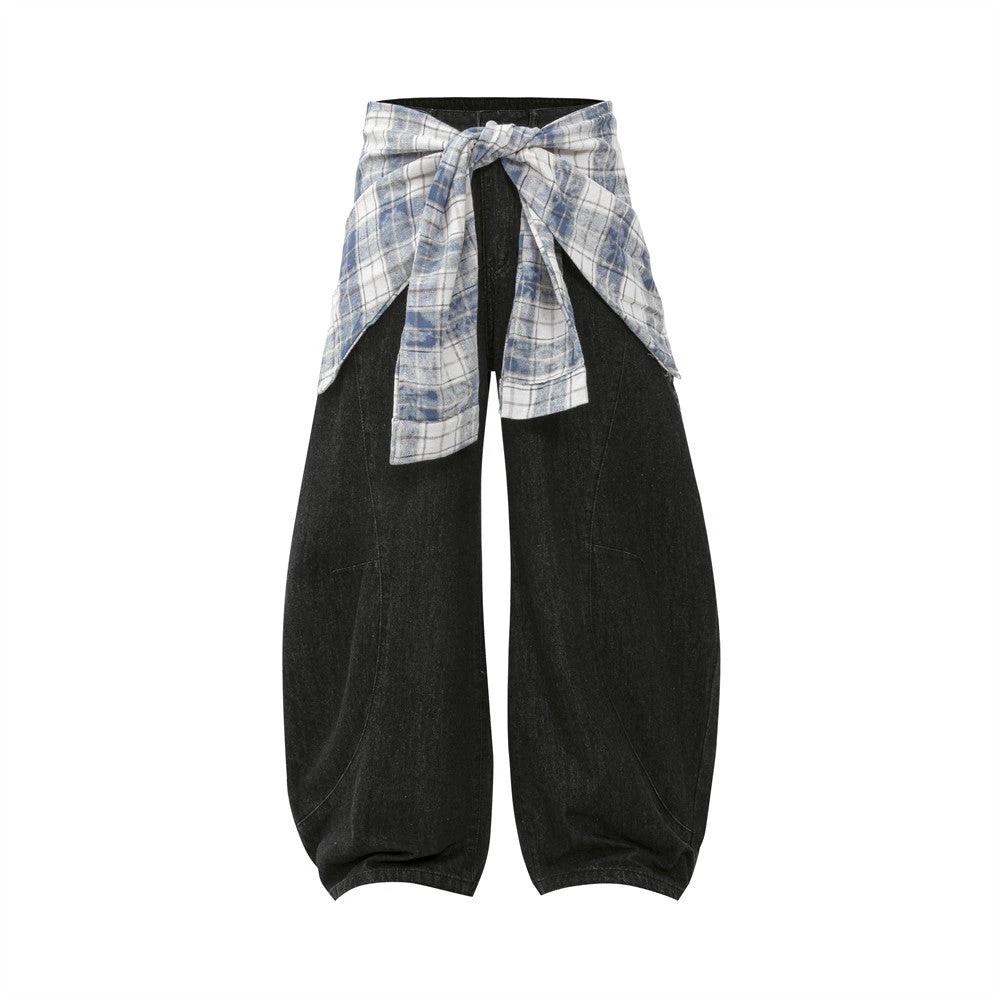 Fake Two Piece Checkered Spliced Waist Strap Loose Wide Leg Pants by eprolo