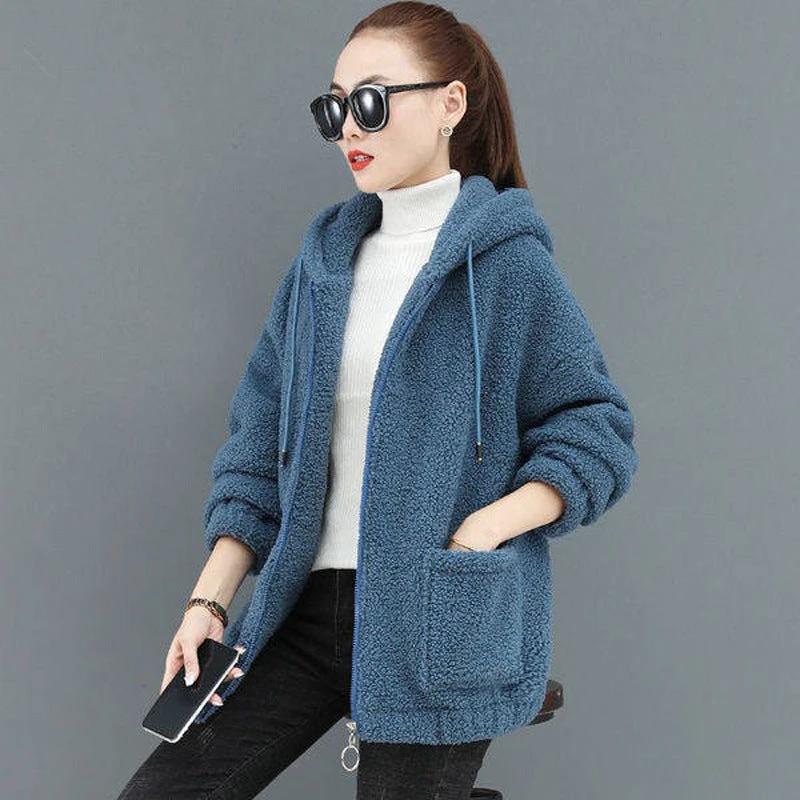 Fleece Hoodie Women Thickened Warm Autumn Winter Loose Zip-Up Teddy Fleece Jacket by eprolo
