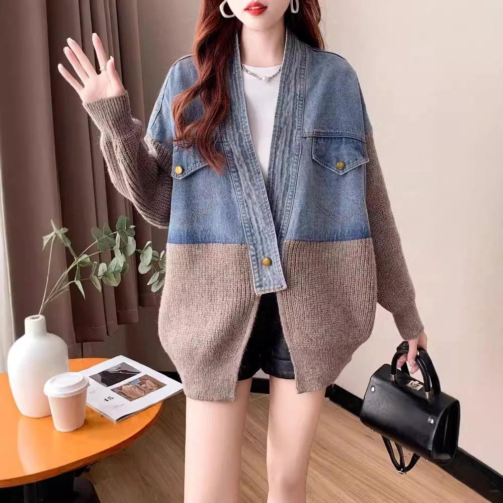 Casual Knit Cardigan with Denim Patchwork for Women Loose Bohemian Style Autumn/Winter Outerwear Top by eprolo