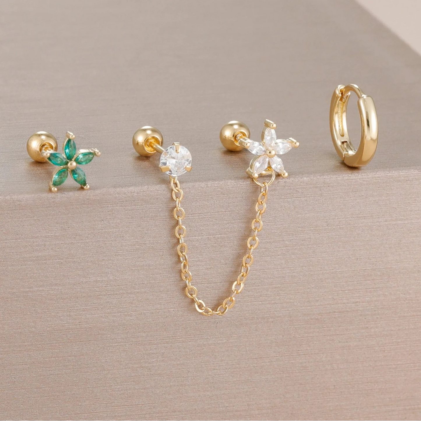 Pendientes de Botón de Flor de Zirconia, Juego de 3 Piezas