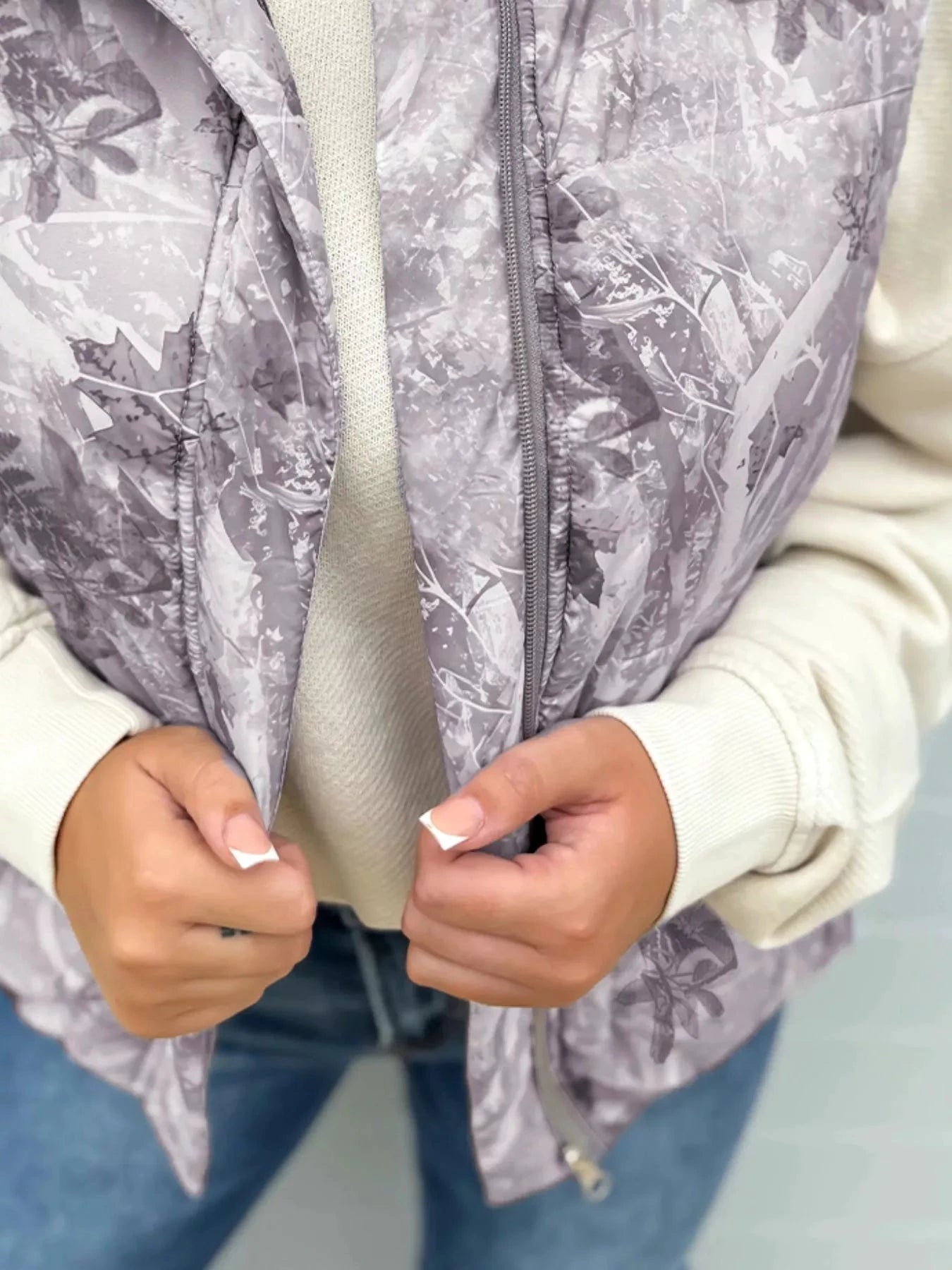 Lightweight Leaf Print Vest Coat by Trendsi