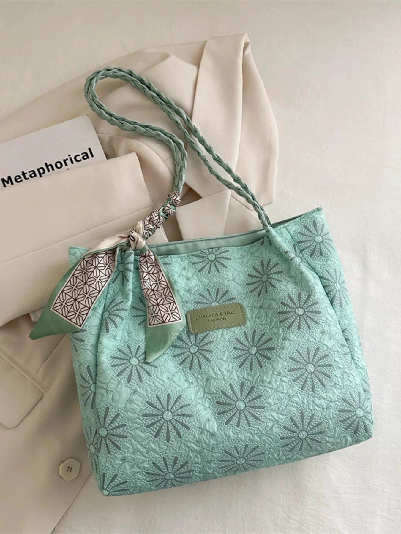 Braided Handle Tote Bag by Trendsi