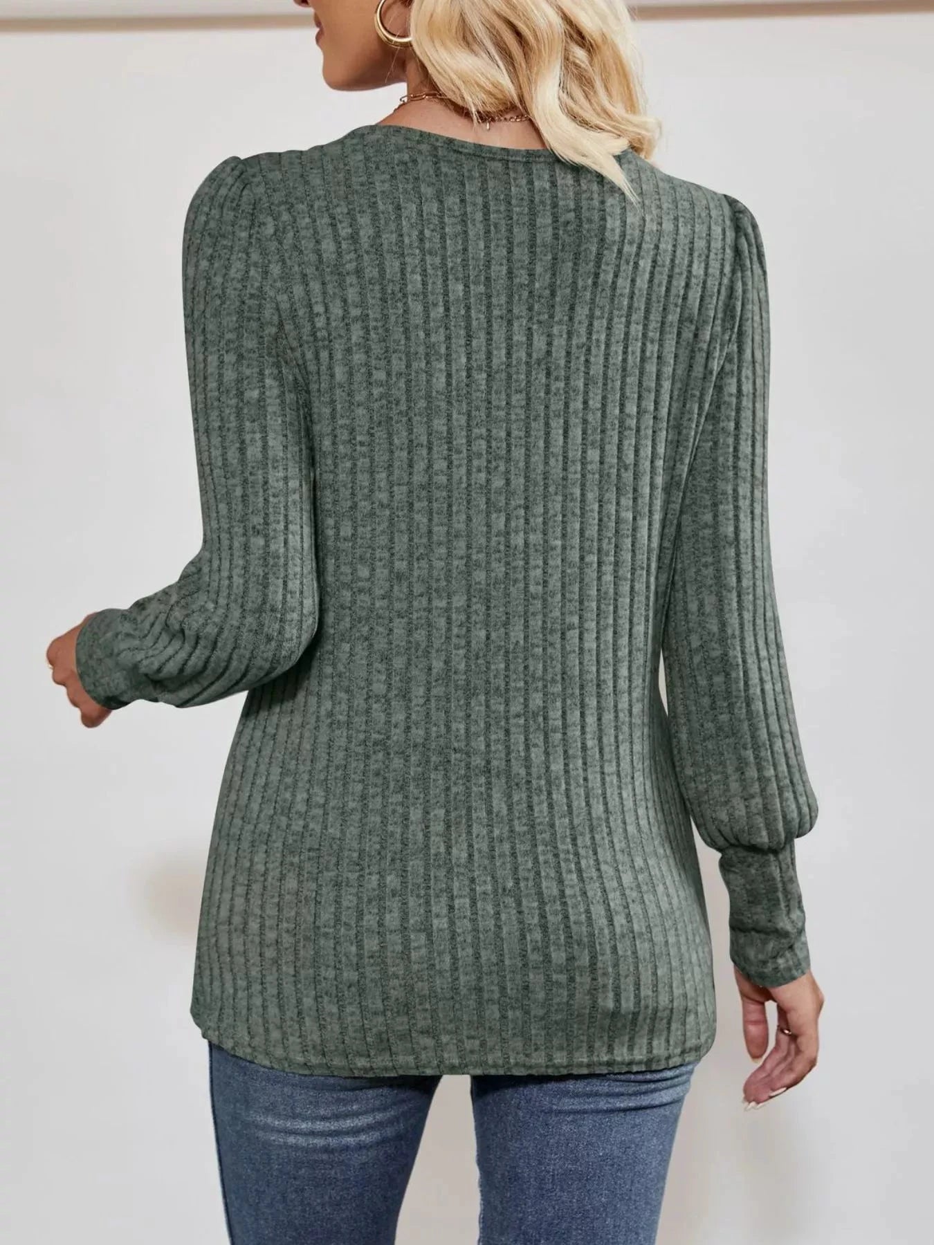 Ribbed Knit Slit Long Sleeve T-Shirt by Trendsi