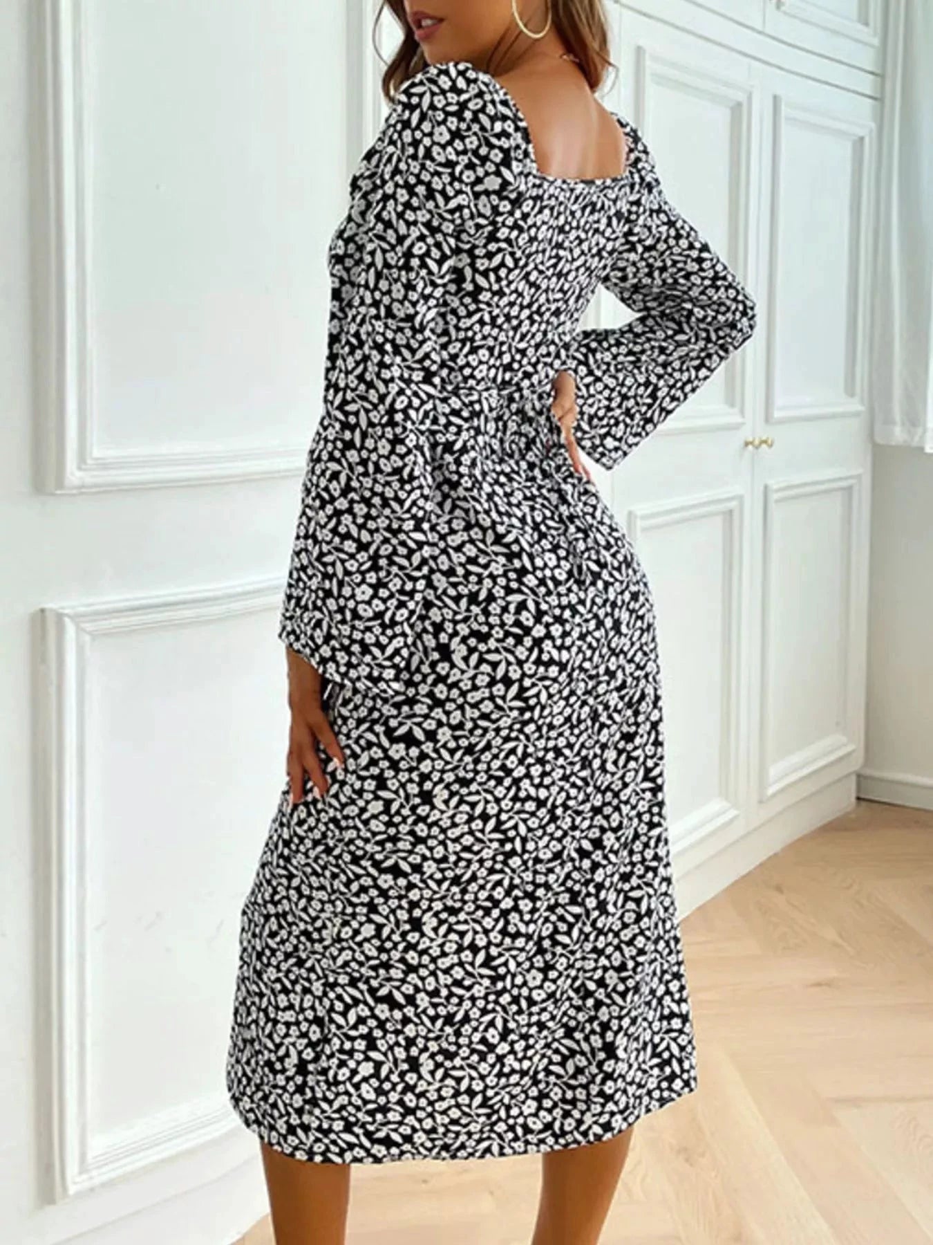 Printed Tie Flare Sleeve Midi Dress by Trendsi