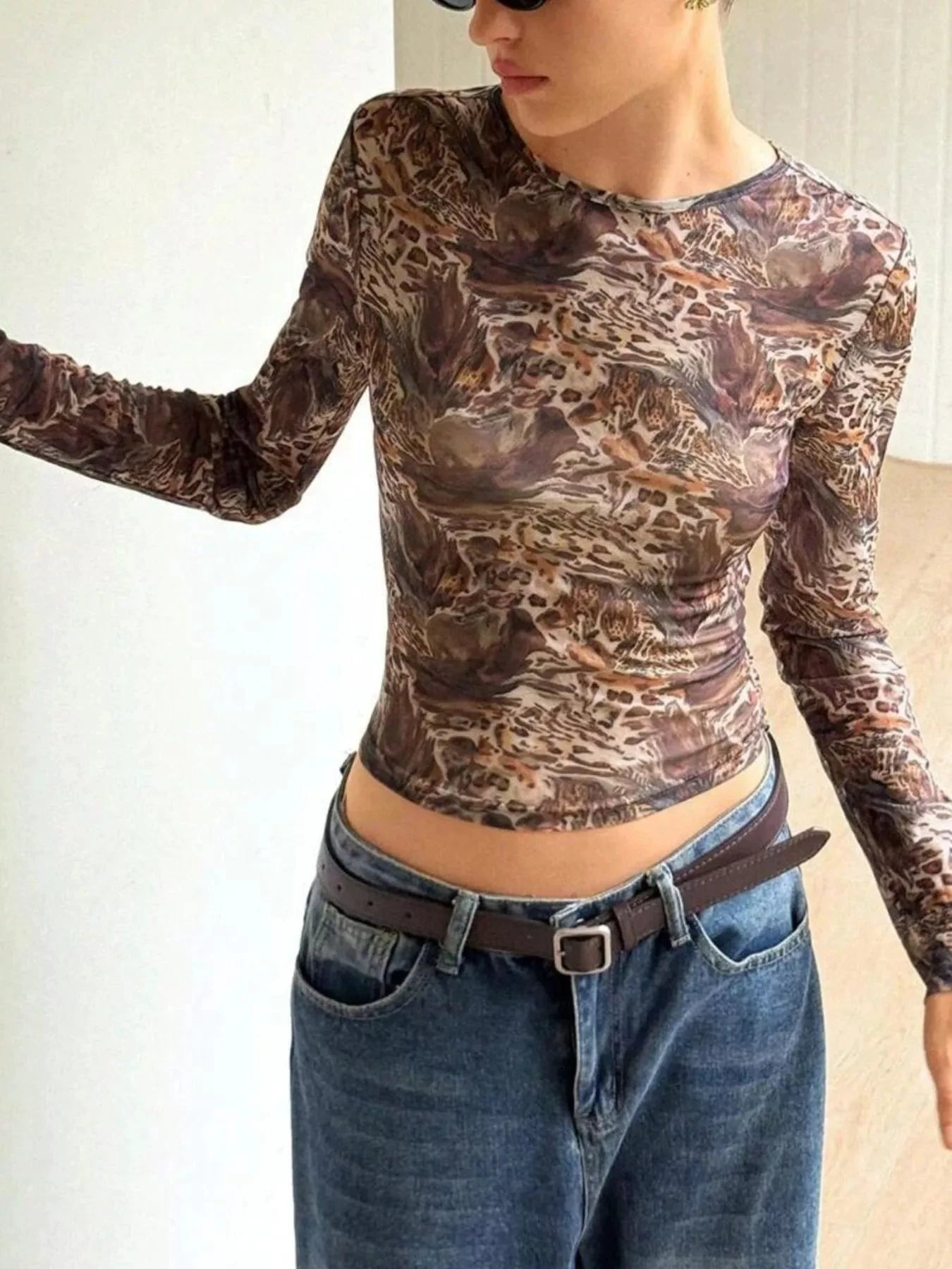 Leopard Print Long Sleeve Mesh Top by Trendsi