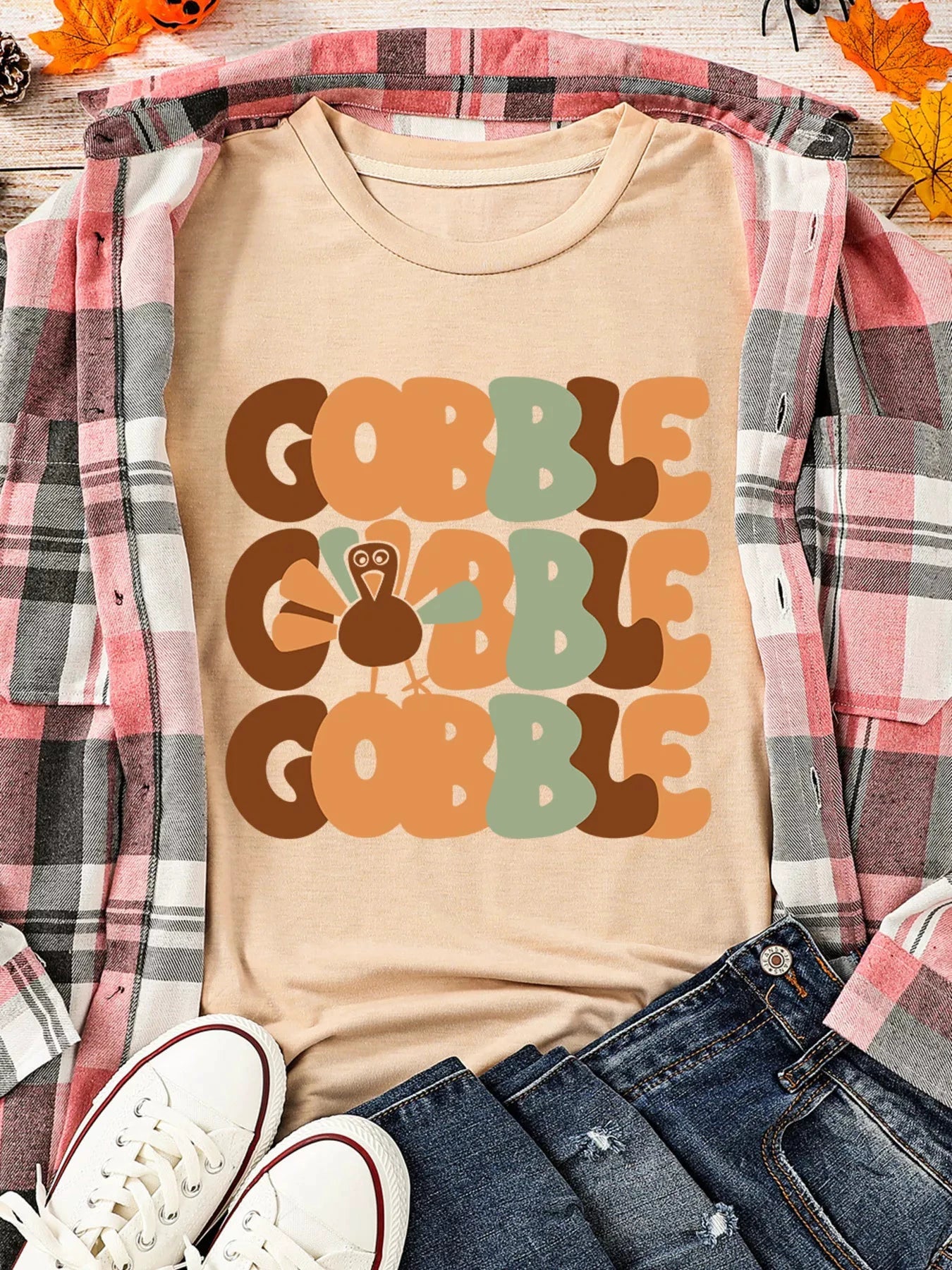 GOBBLE Turkey Graphic Thanksgiving Round Neck Tee by Trendsi