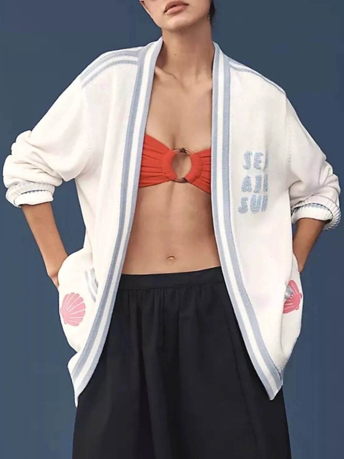 Seashell Embroidered Open Front Cardigan by Trendsi