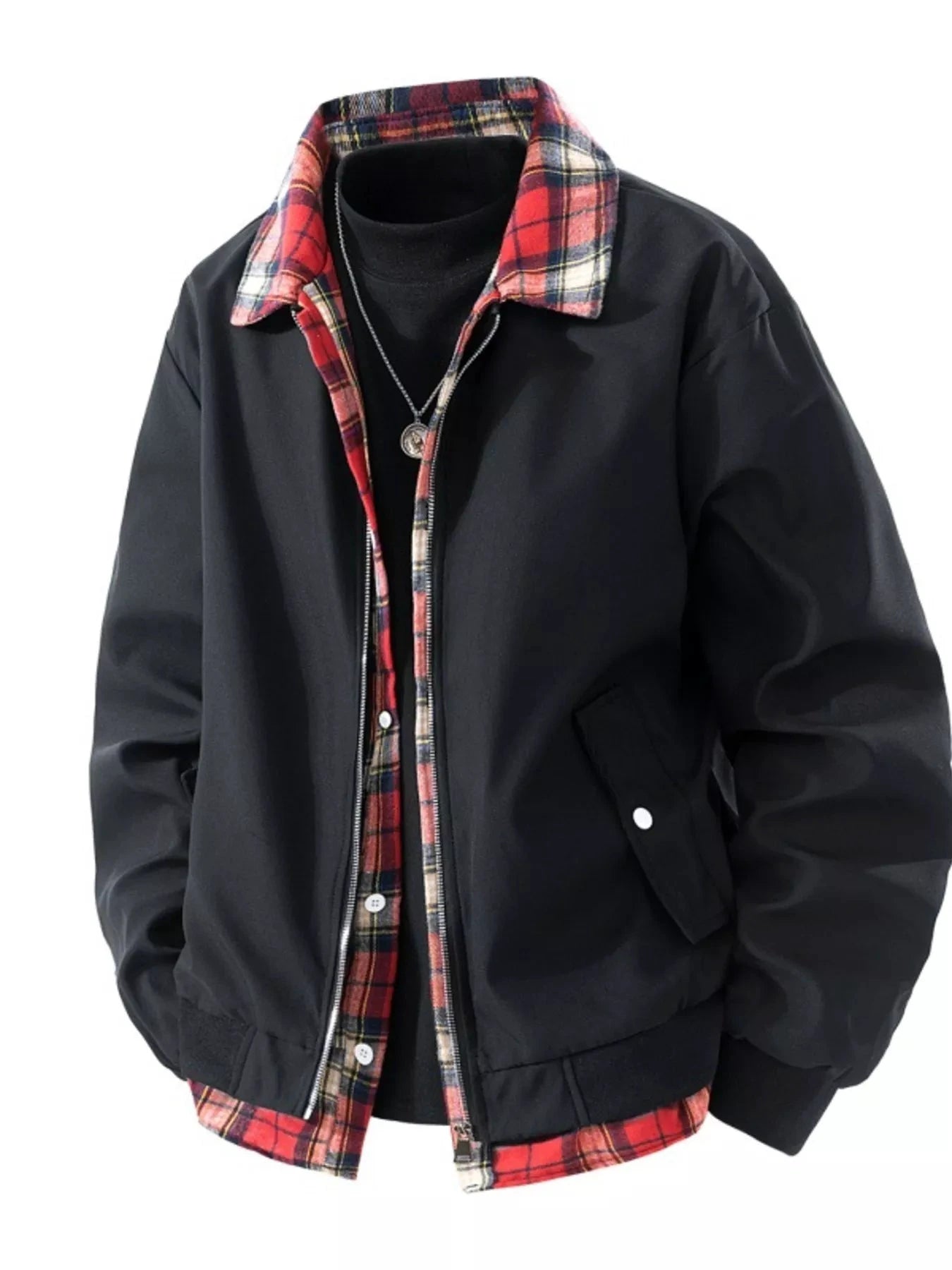 Men's Plus Size Plaid Trim Long Sleeve Jacket by Trendsi